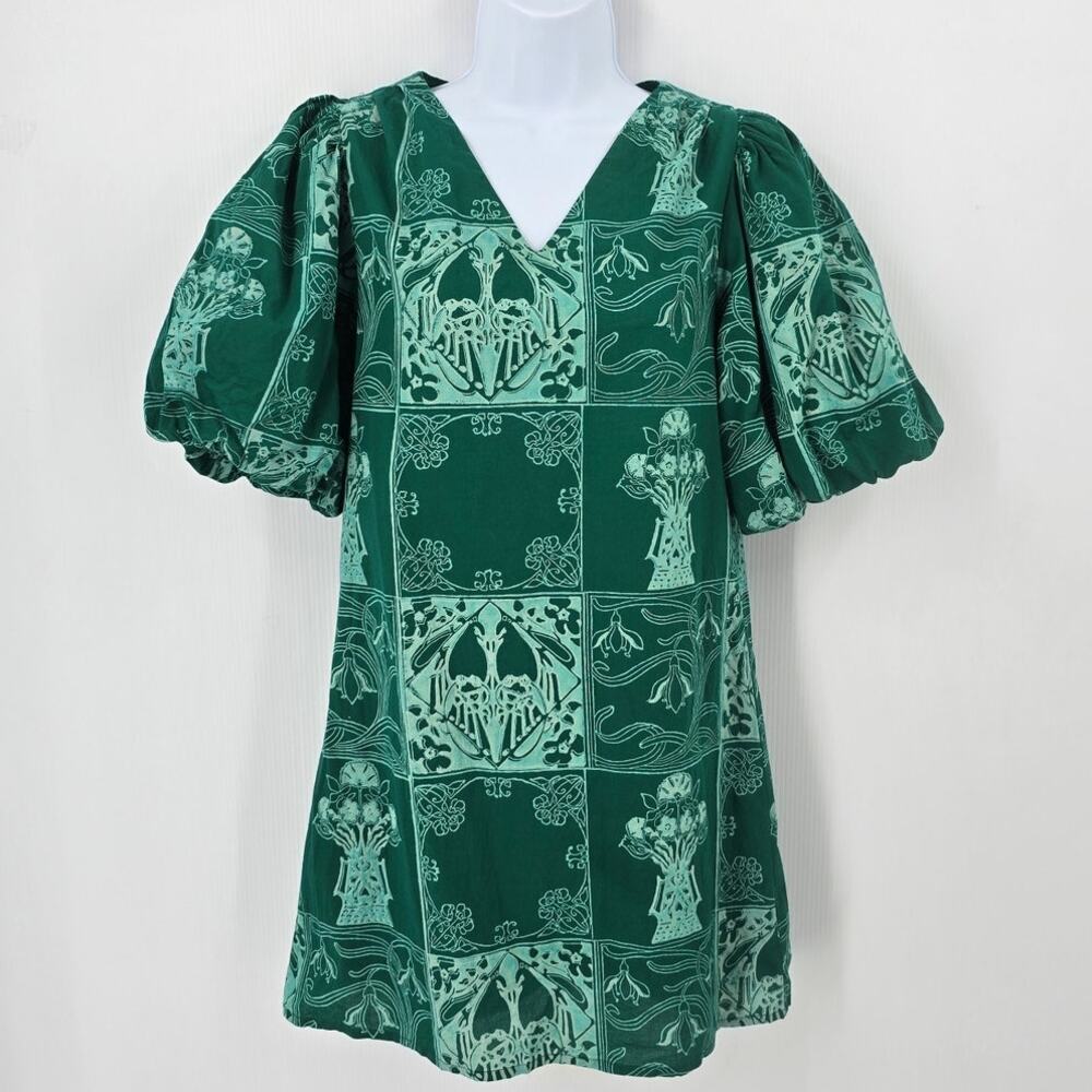 Anna Cate Haley Dress Hunter Green Tile Print Puff Sleeve Mini Cotton Size XS